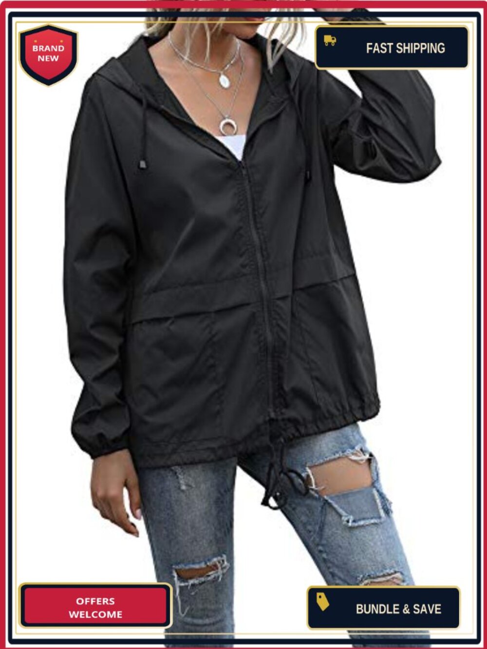 Women's Waterproof Rain Jacket Lightweight Hooded Windbreaker with Pockets